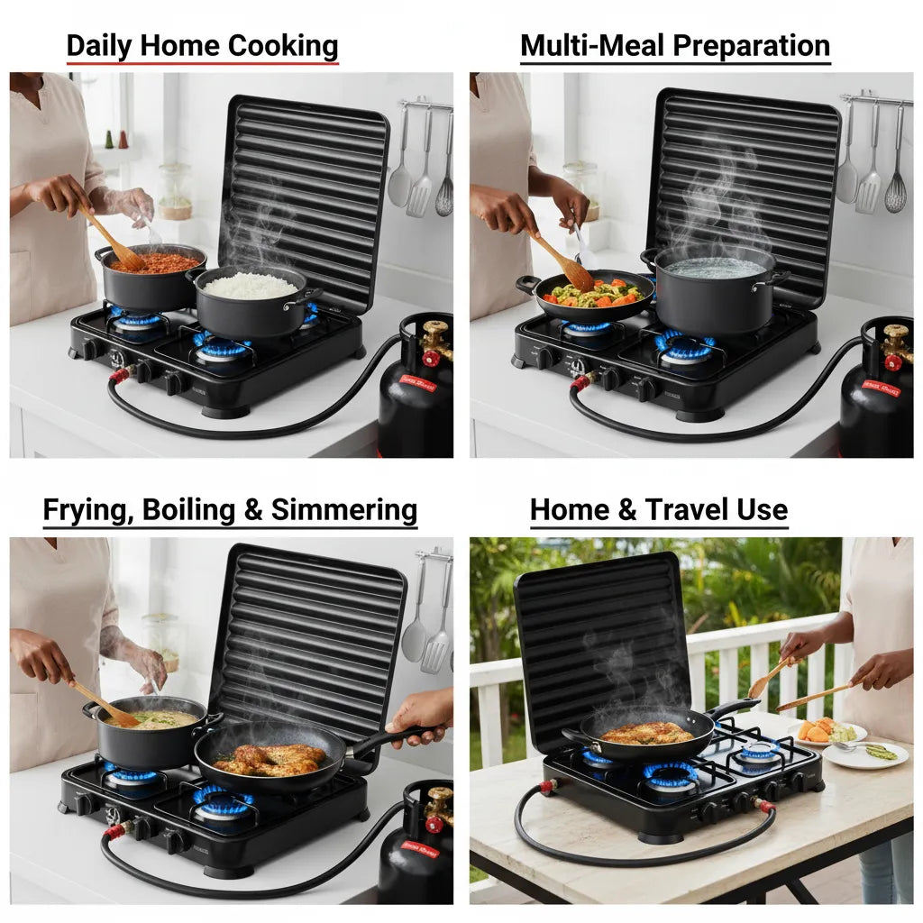 Efficient 4-burner gas stove with strong 2.2kW power and a compact, modern design—perfect for fast and easy everyday cooking 🍳