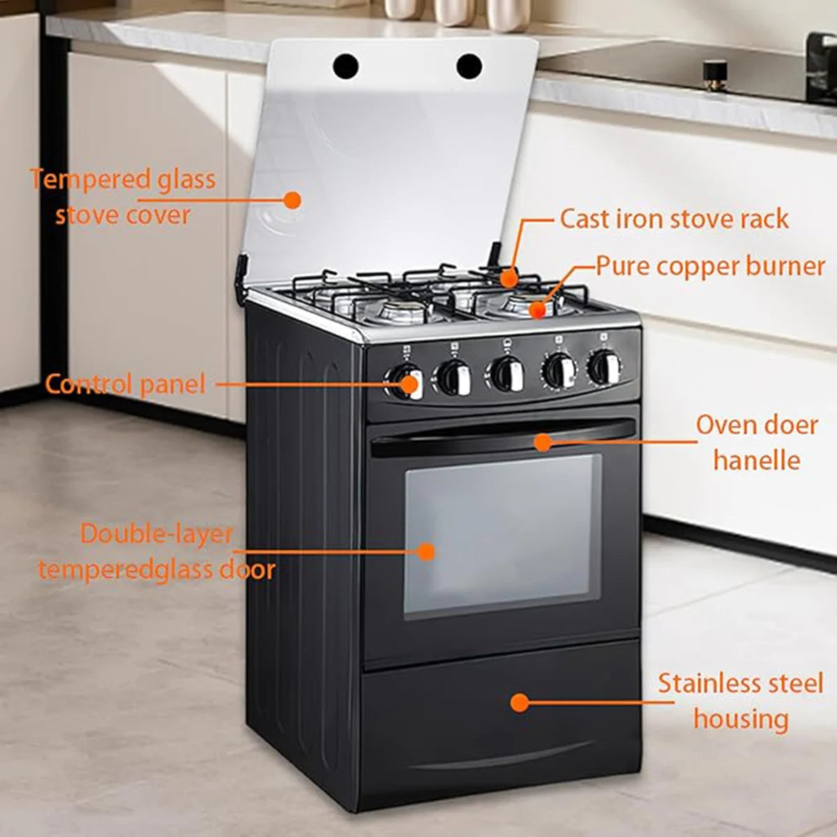 Volcano 50x50 4-Burner Gas Cooker with Oven, Grill & Lamp – Efficient, Stylish, and Built for Performance