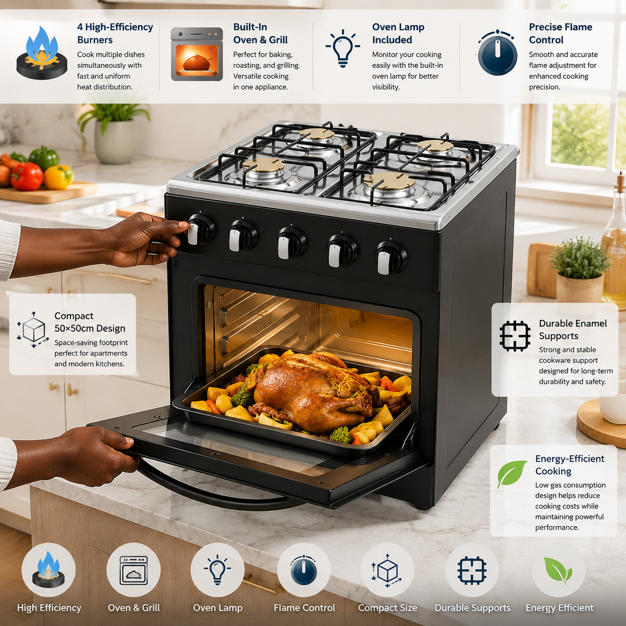 Volcano 50x50 4-Burner Gas Cooker with Oven, Grill & Lamp – Efficient, Stylish, and Built for Performance