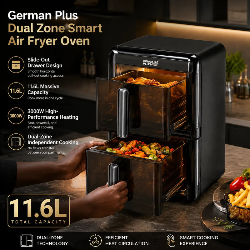German Plus 11.6L large capacity air fryer oven with slide out drawer design and 3000W high performance heating.