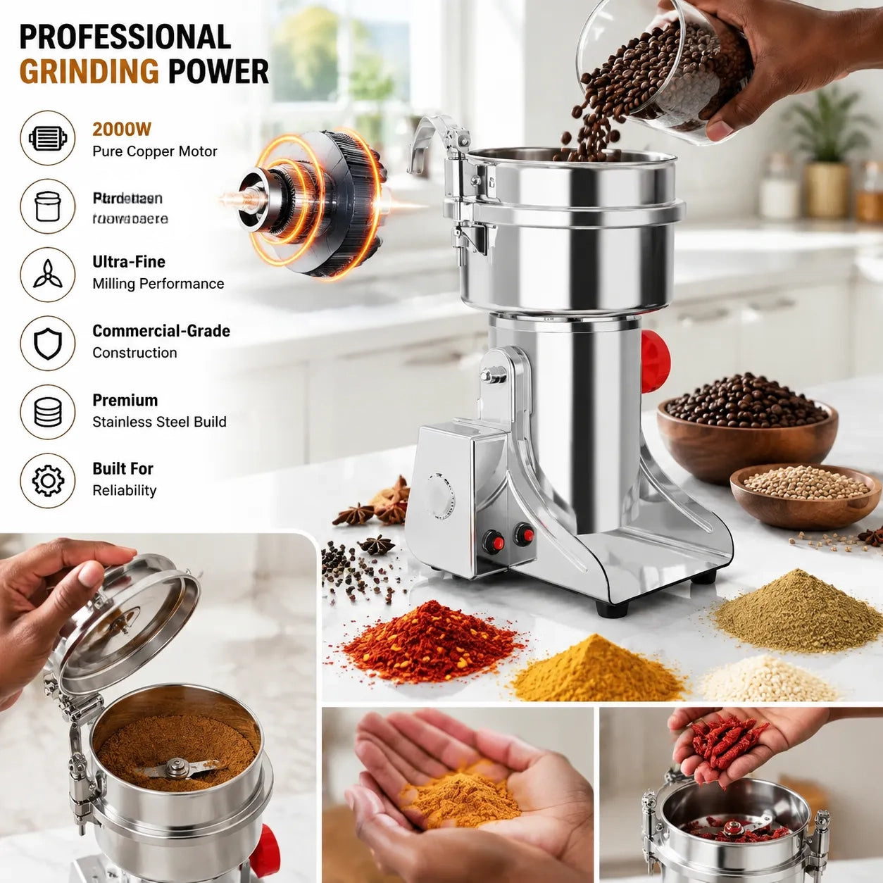 Heavy-Duty All-Purpose Grinder: Coffee, Spices & Grains (250g, 2000W)
