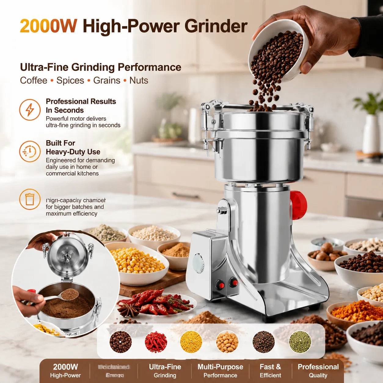 Heavy-Duty All-Purpose Grinder: Coffee, Spices & Grains (250g, 2000W)