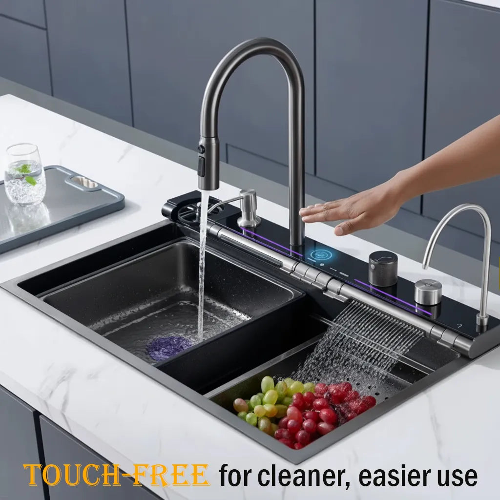 Smart Digital Kitchen Sink with 4 Water Modes & Pull-Out Faucet – Large Capacity Dual Basin, 304 Stainless Steel
