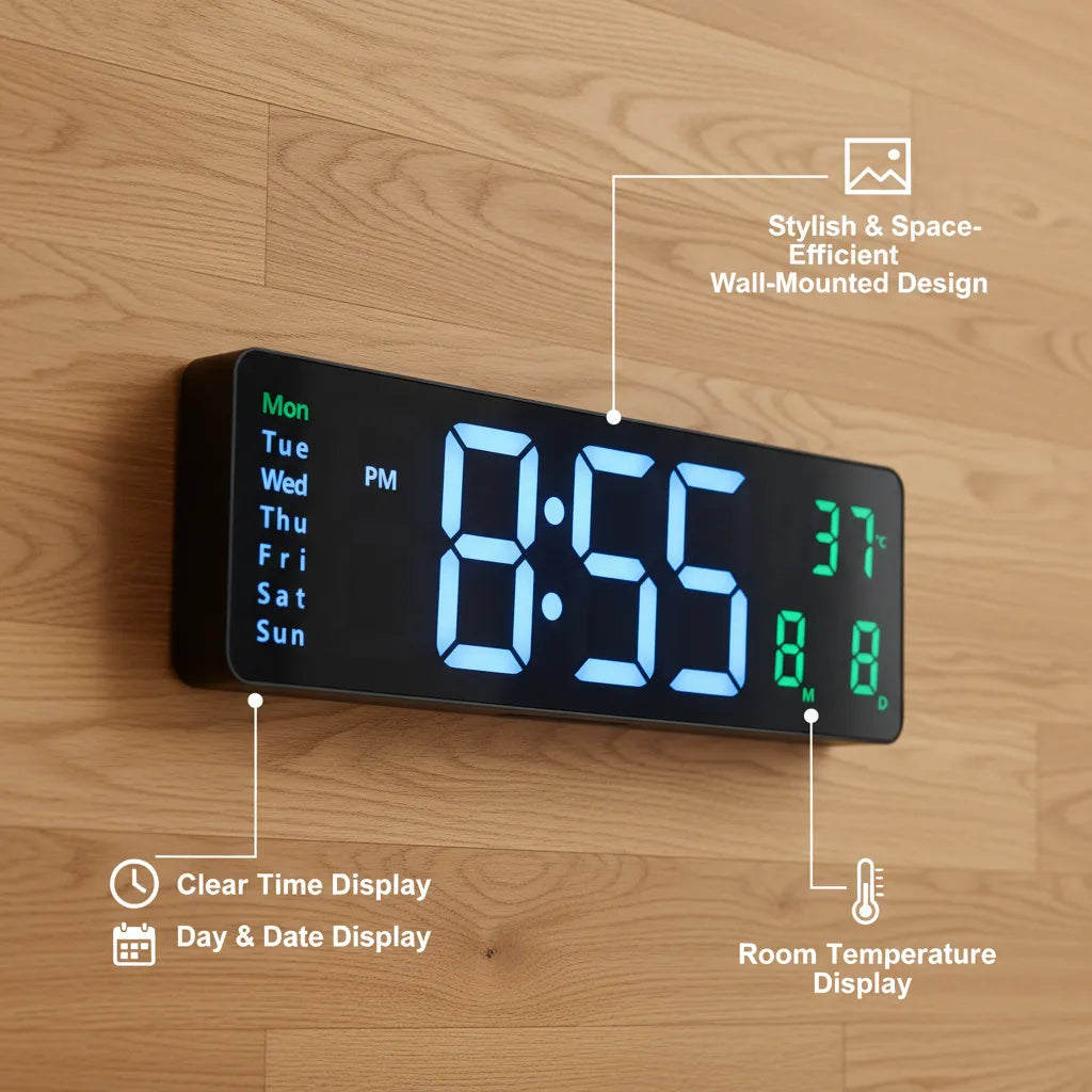 Large LED Digital Wall Clock – Modern Digital Clock⏰ with Clear Display, Showing Time, Date, and Temperature, Perfect for Homes, Offices, and Clinics