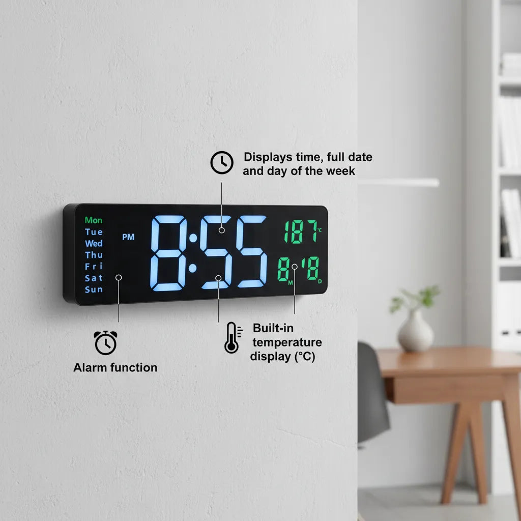 Large LED Digital Wall Clock – Modern Digital Clock⏰ with Clear Display, Showing Time, Date, and Temperature, Perfect for Homes, Offices, and Clinics