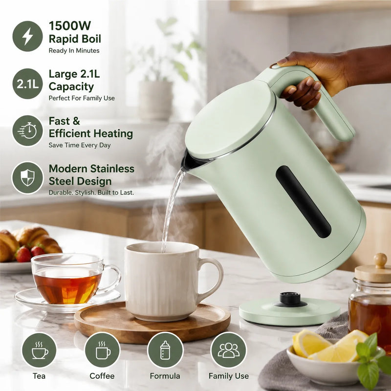 LEFON 2.1L Electric Kettle – Fast Boil | Stainless Steel | Auto Shut-Off | 1500W Power