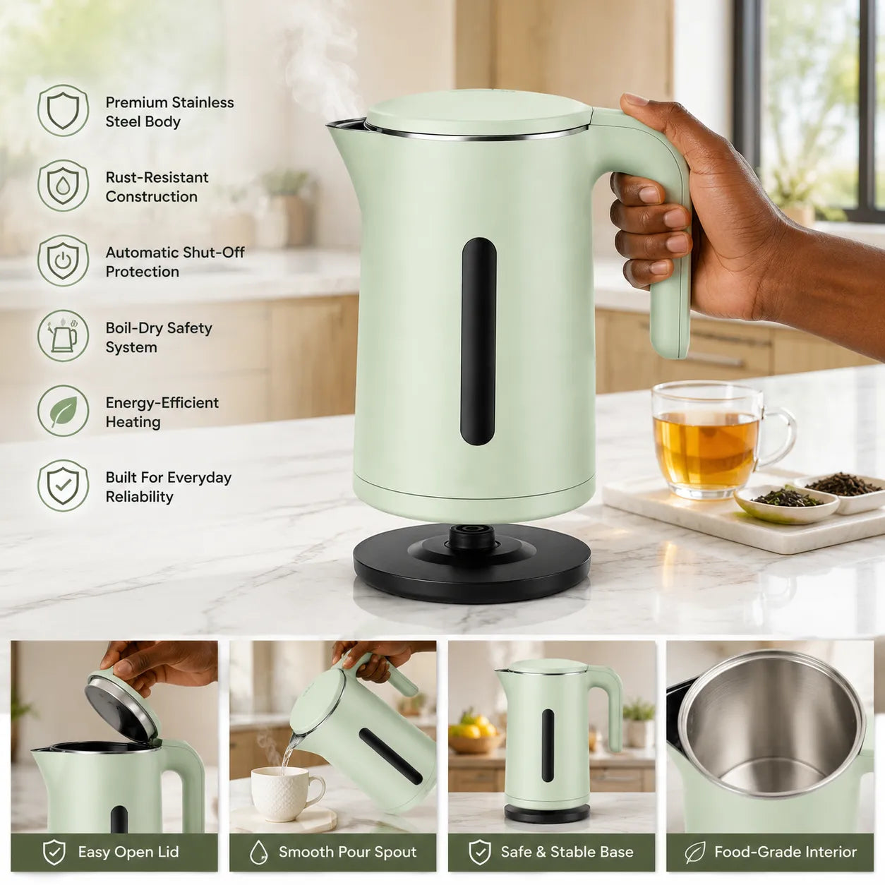 LEFON 2.1L Electric Kettle – Fast Boil | Stainless Steel | Auto Shut-Off | 1500W Power
