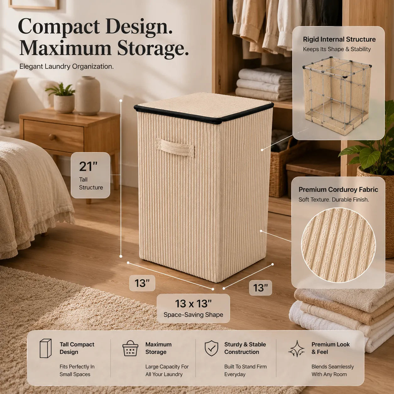 Minimalist Corduroy Laundry Hamper with Lid | 21" Height & 13x13" Base