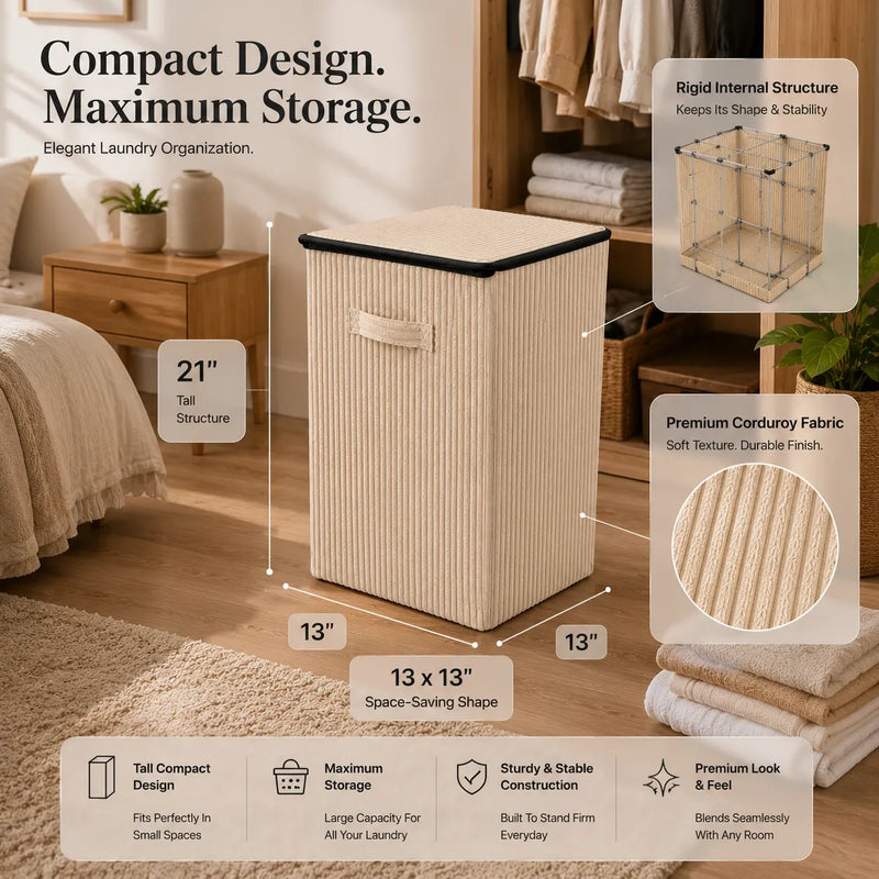 Minimalist Corduroy Laundry Hamper with Lid | 21" Height & 13x13" Base