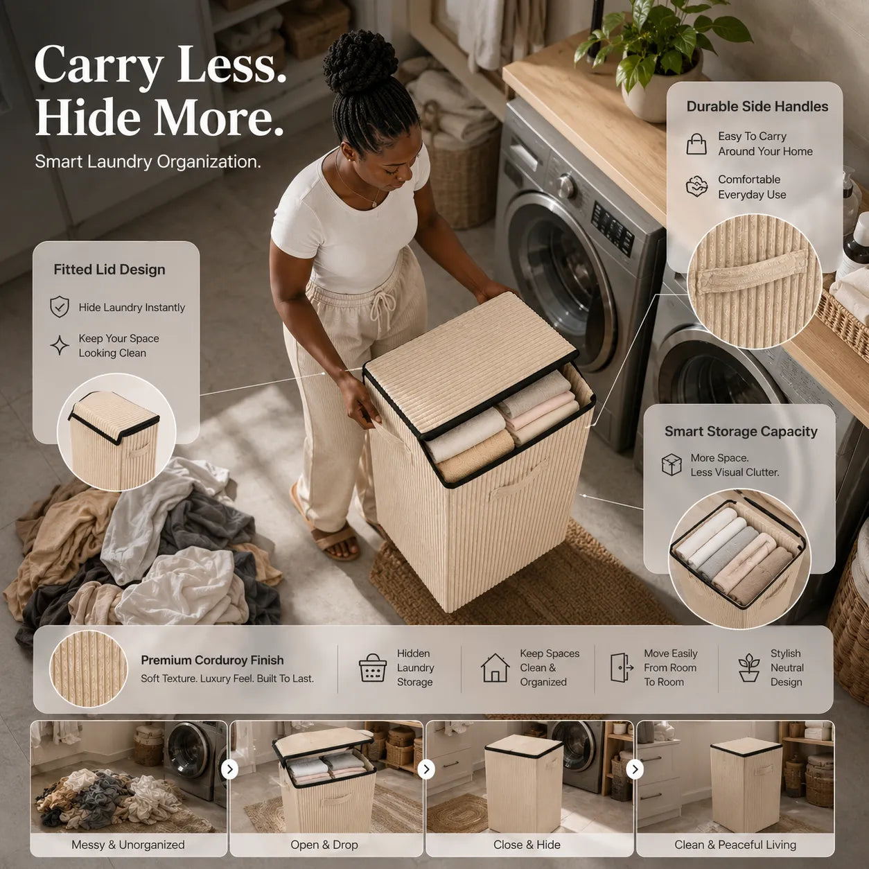 Minimalist Corduroy Laundry Hamper with Lid | 21" Height & 13x13" Base