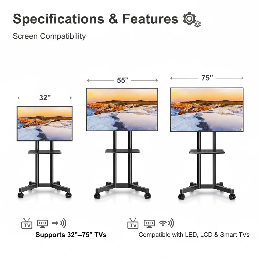 Mobile TV Trolley Stand Model 1500 📺 – Adjustable Rolling TV Floor Mount for 32–75 Inch Screens