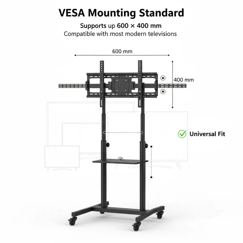 Mobile TV Trolley Stand Model 1500 📺 – Adjustable Rolling TV Floor Mount for 32–75 Inch Screens