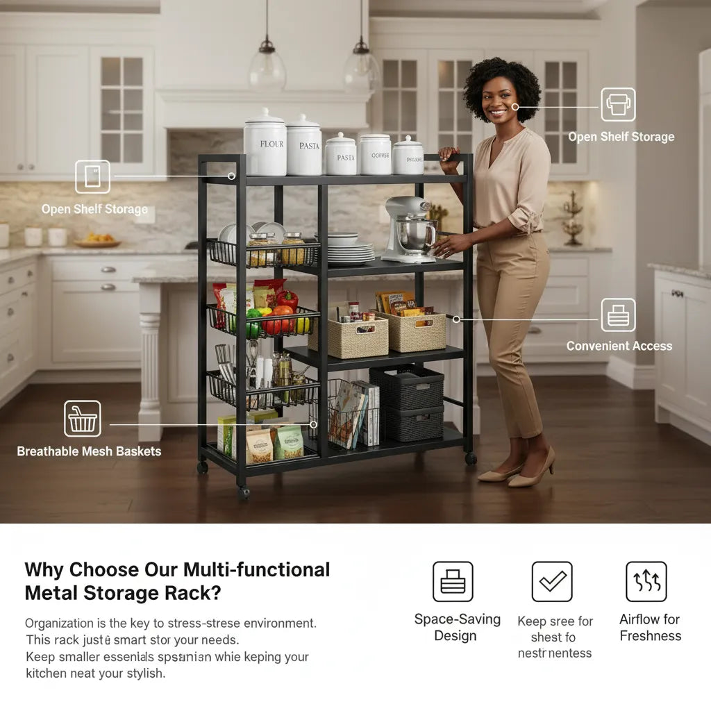 Multi-Functional Metal Storage Rack with Baskets – 4-Tier Home Organizer