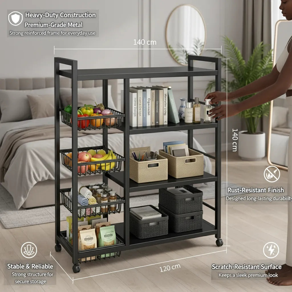 Multi-Functional Metal Storage Rack with Baskets – 4-Tier Home Organizer