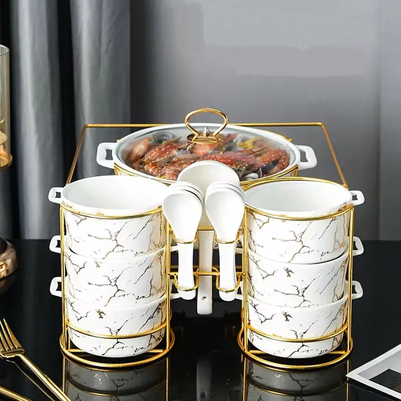Lefon 11-Inch Ceramic Luxury Bowl Set – Elegant Marble Design with Glass Lid, Spoons & Golden Stand | 11-Piece Premium Dinnerware for Soup, Stew & Serving