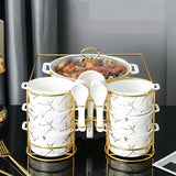 Lefon 11-Inch Ceramic Luxury Bowl Set – Elegant Marble Design with Glass Lid, Spoons & Golden Stand | 11-Piece Premium Dinnerware for Soup, Stew & Serving