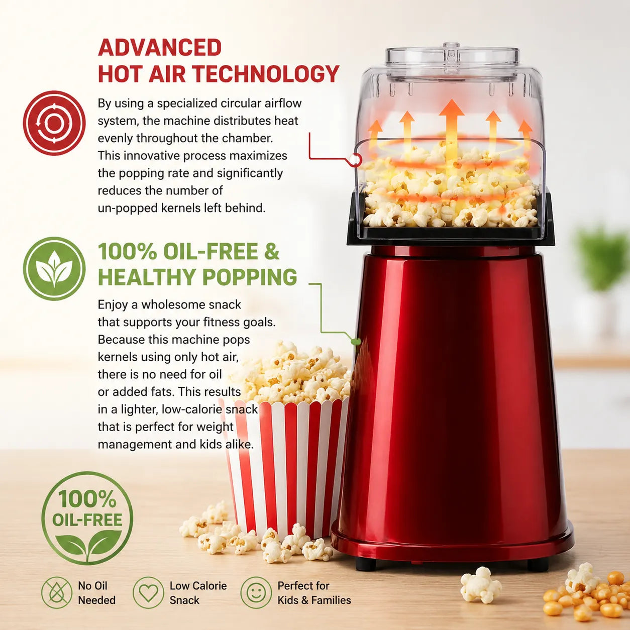 NASCO PC1005A-CB Popcorn Maker – 1200W Hot Air Popper for Healthy Oil-Free Popcorn