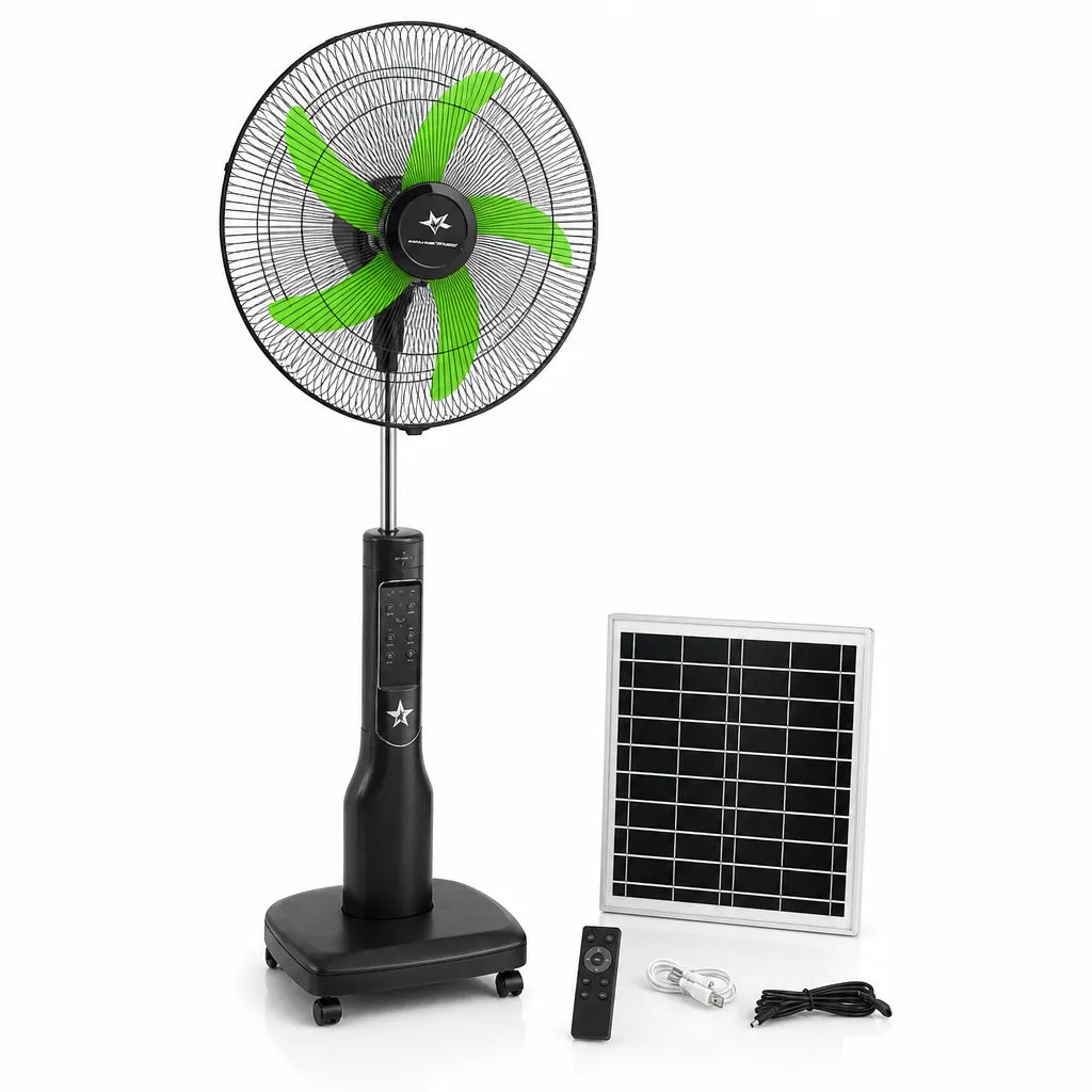 Portable 18″ Solar Powered Fan: Rechargeable Cooling with Easy-Glide Wheels
