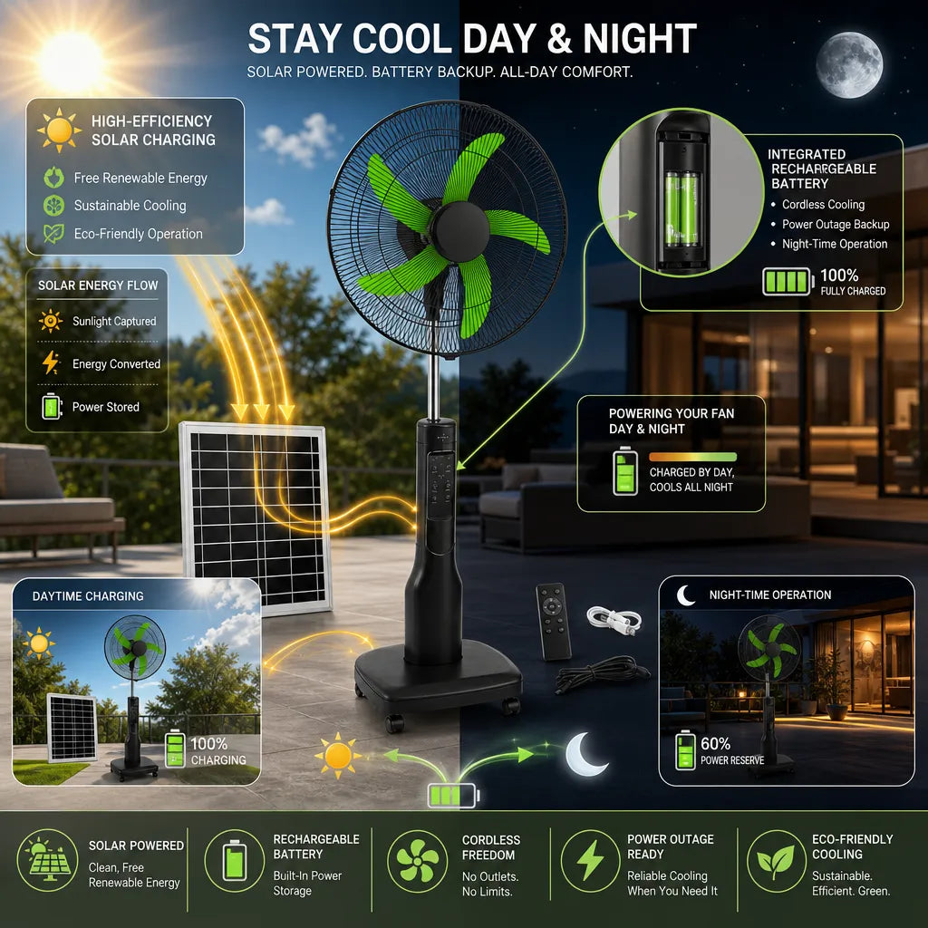 Portable 18″ Solar Powered Fan: Rechargeable Cooling with Easy-Glide Wheels