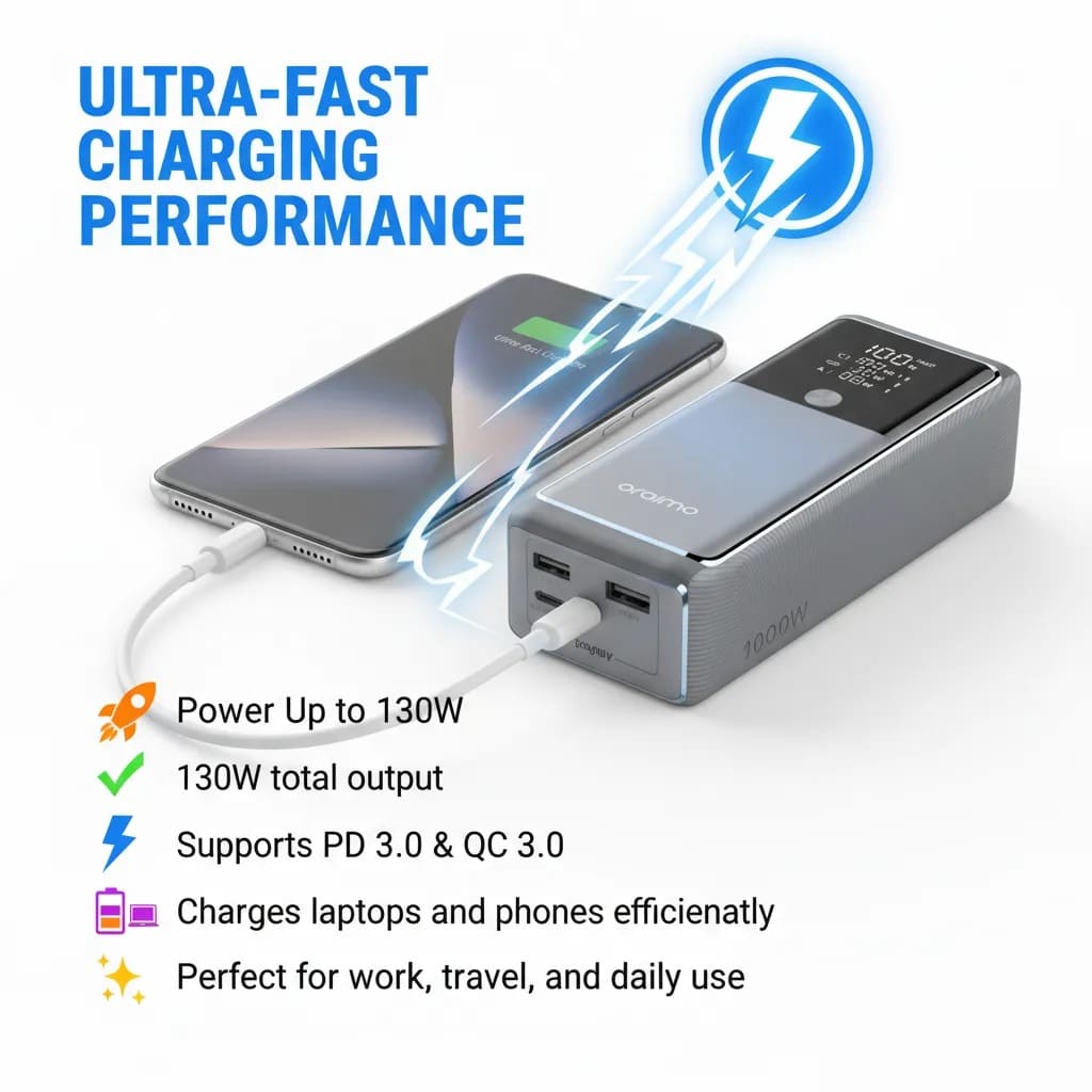 ✔ Large 27,600mAh Capacity Oraimo Power Bank 130 – The Ultimate 130W Ultra-Fast Power Bank for Laptops & Phones ⚡💻📱 ✅