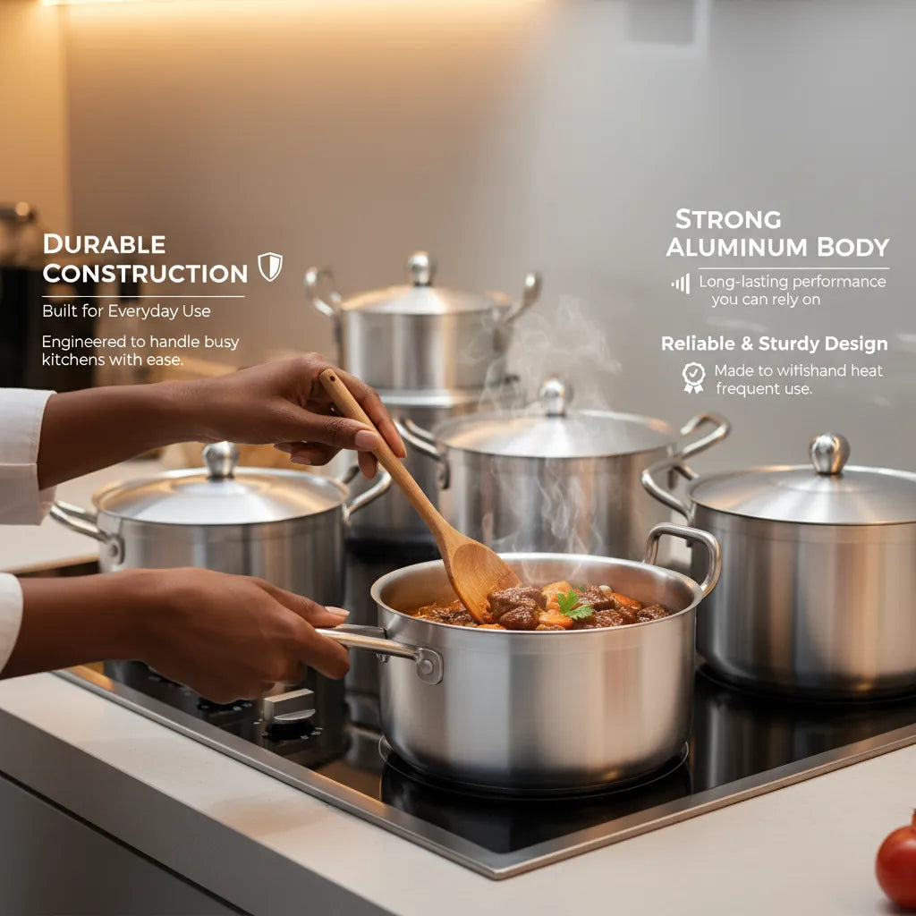 Premium 14-Piece Aluminum Quality Pot Set by Mers Home – Professional Cookware with Shiny Polish (16cm to 28cm)