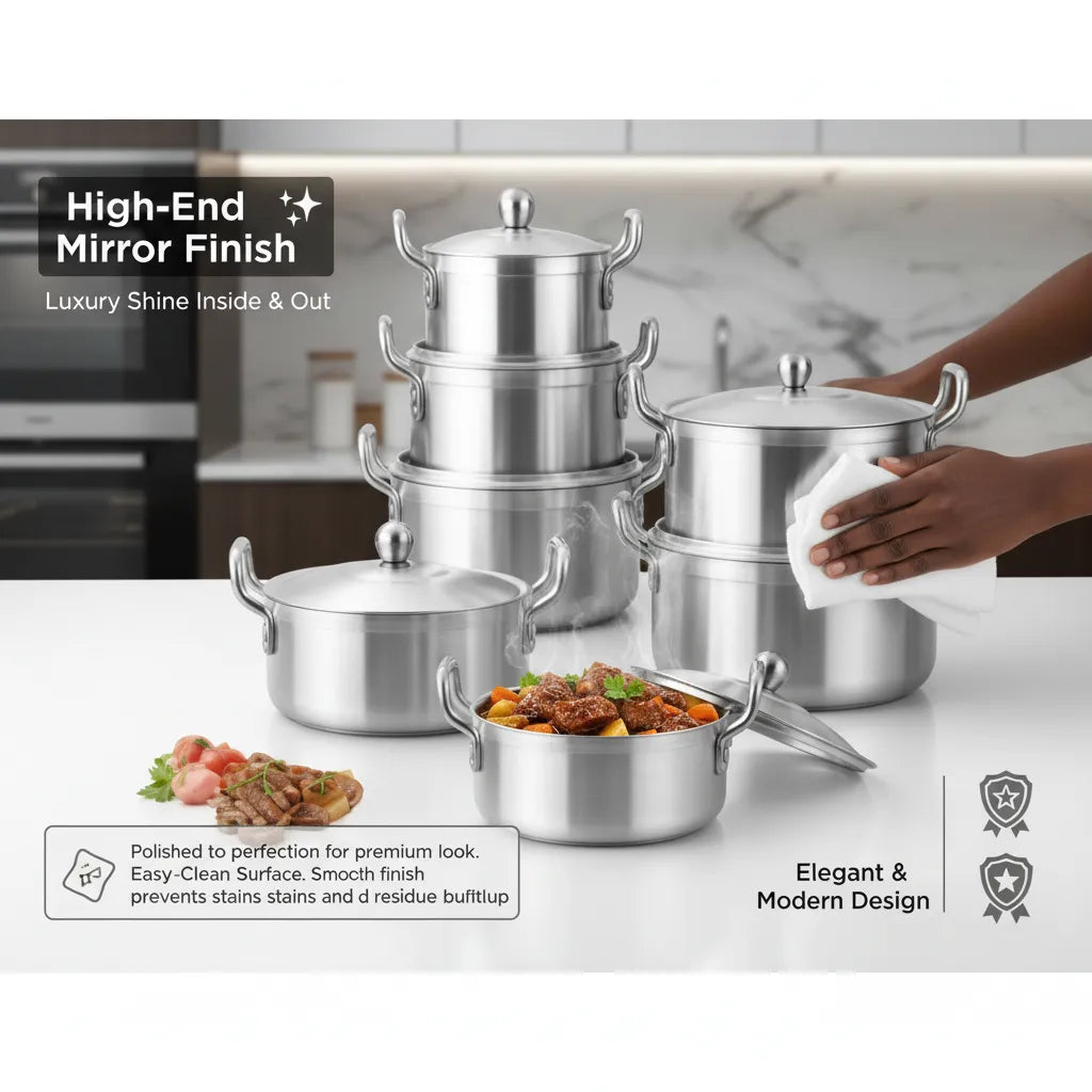 Premium 14-Piece Aluminum Quality Pot Set by Mers Home – Professional Cookware with Shiny Polish (16cm to 28cm)