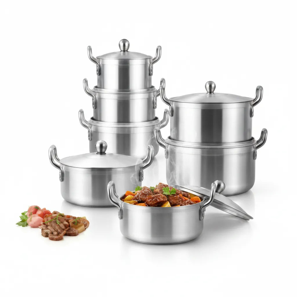 Premium 14-Piece Aluminum Quality Pot Set by Mers Home – Professional Cookware with Shiny Polish (16cm to 28cm)