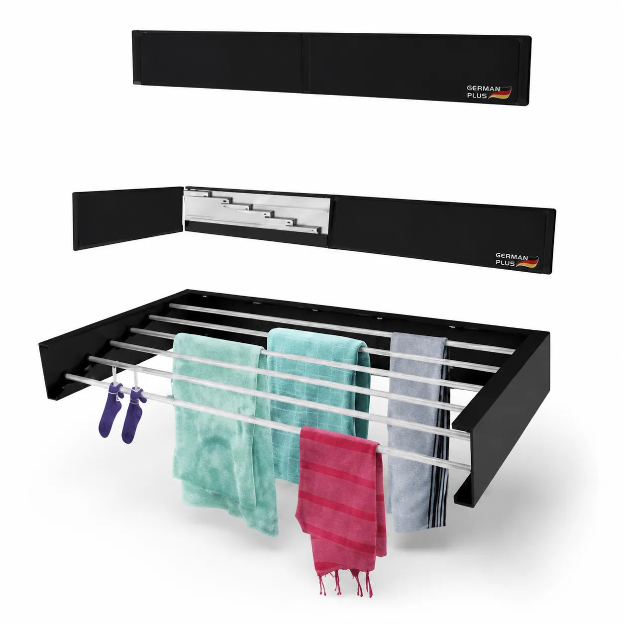 German Plus Retractable Wall Clothes Drying Rack (Premium Black)