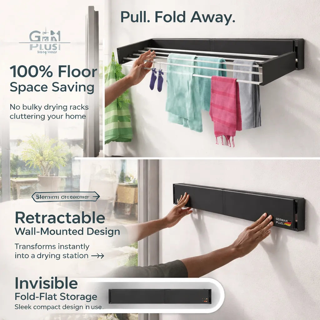 German Plus Retractable Wall Clothes Drying Rack (Premium Black)