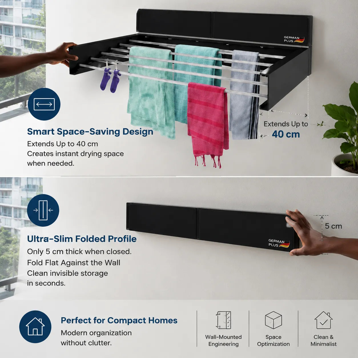 German Plus Retractable Wall Clothes Drying Rack (Premium Black)