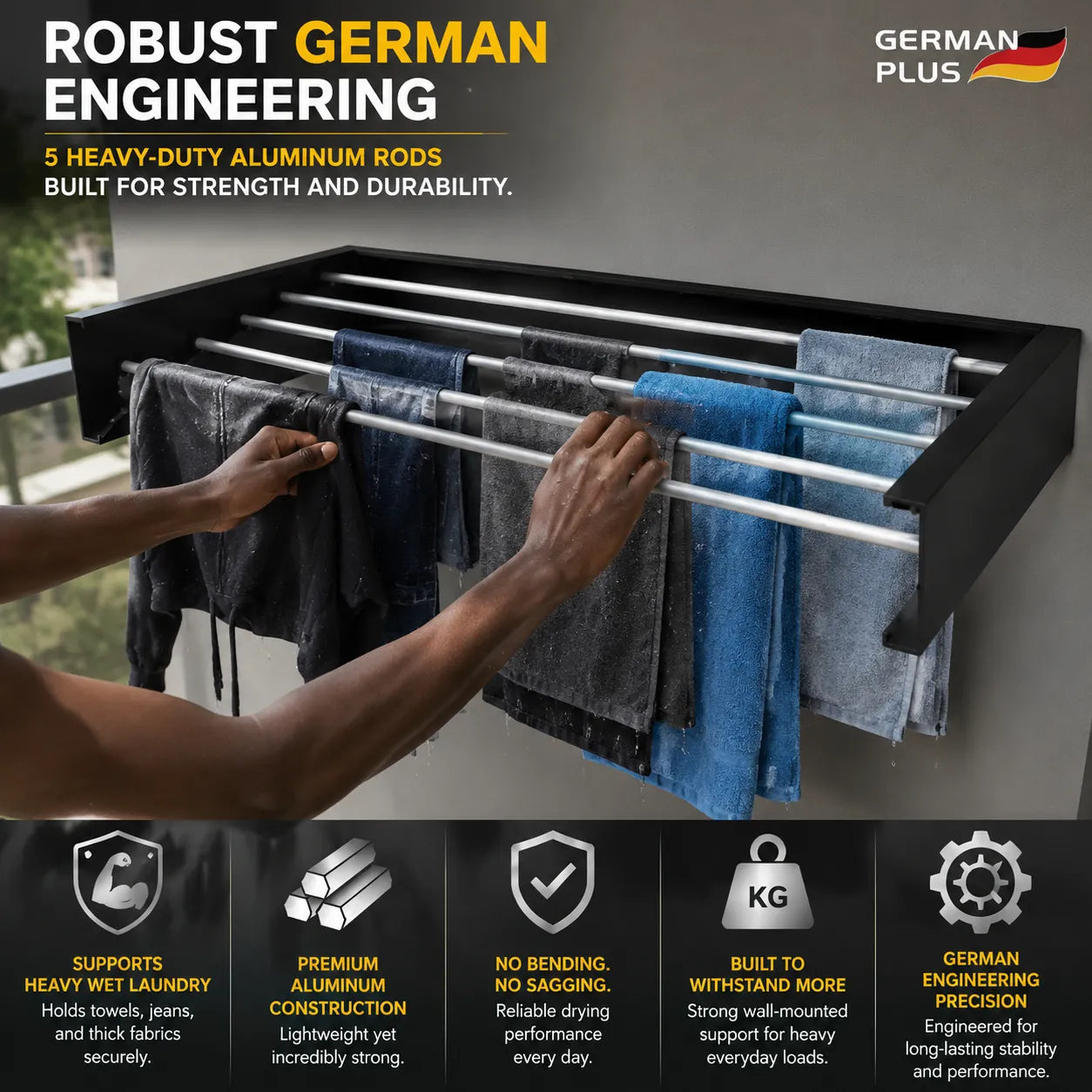 German Plus Retractable Wall Clothes Drying Rack (Premium Black)