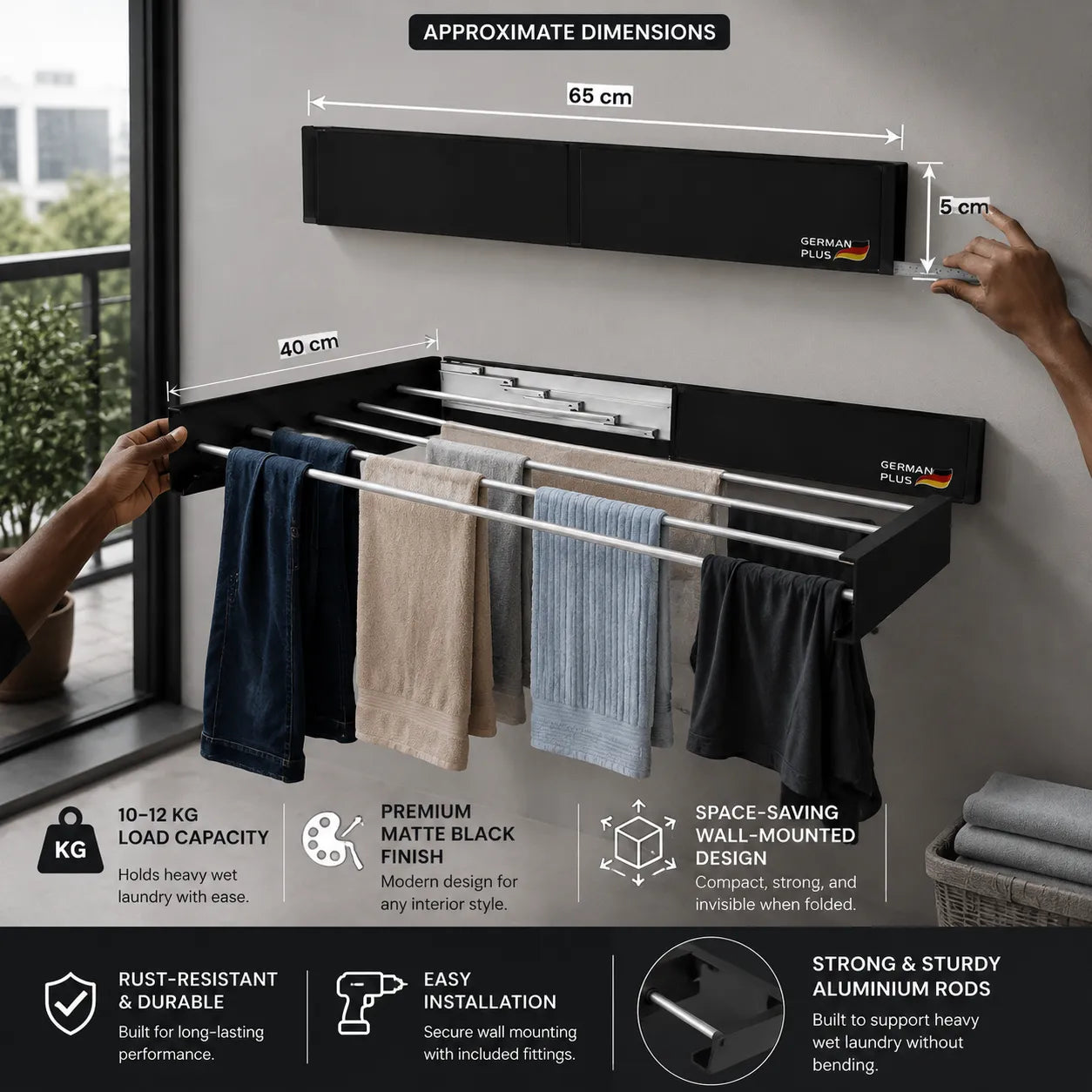 German Plus Retractable Wall Clothes Drying Rack (Premium Black)