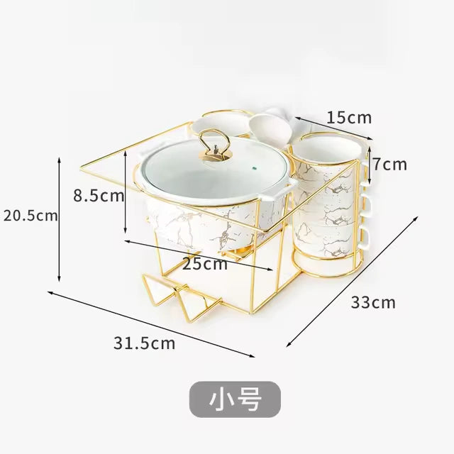 Lefon 11-Inch Ceramic Luxury Bowl Set – Elegant Marble Design with Glass Lid, Spoons & Golden Stand | 11-Piece Premium Dinnerware for Soup, Stew & Serving