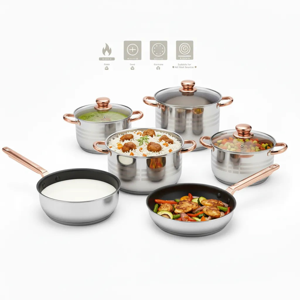 Evimki High Quality Stainless Steel12-Piece  Cookware Set 🍳 – 5-Layer Bottom – Elegant & Durable Pots and Pans Set for Everyday Cooking