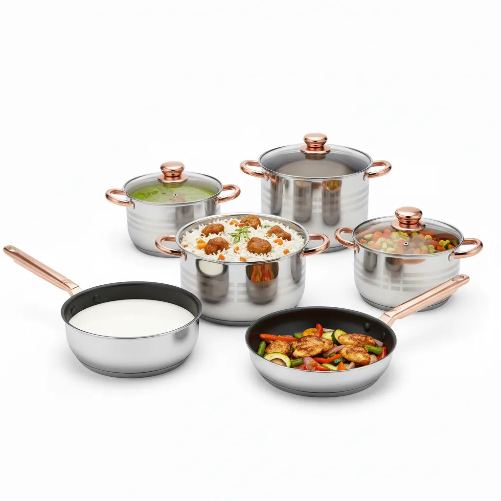 Evimki High Quality Stainless Steel12-Piece  Cookware Set 🍳 – 5-Layer Bottom – Elegant & Durable Pots and Pans Set for Everyday Cooking