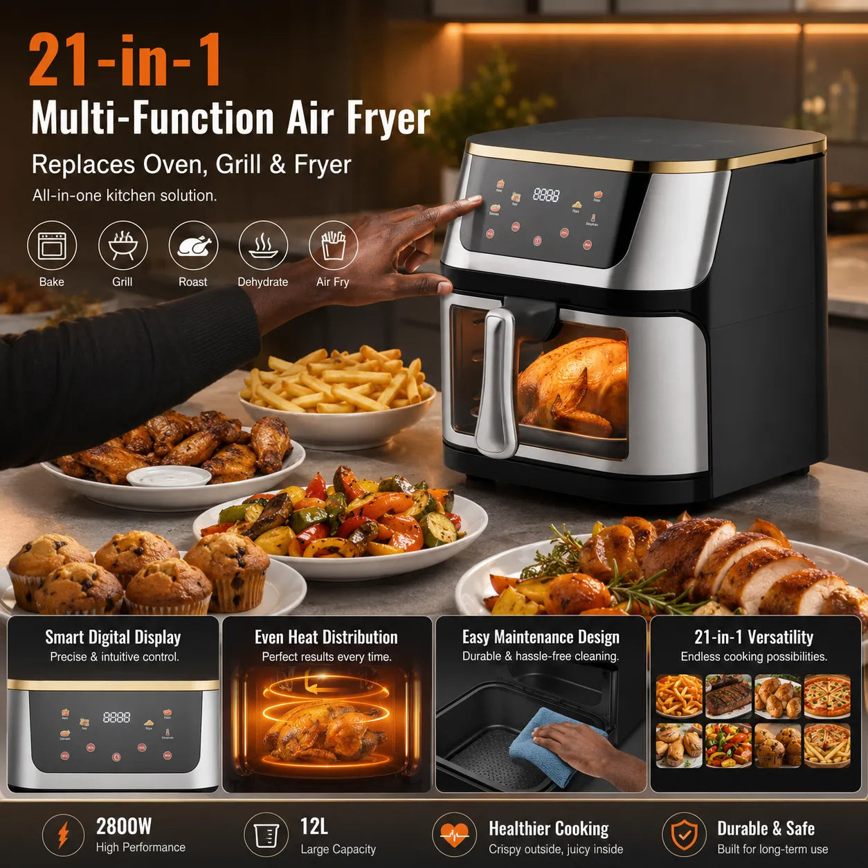 12L Large Capacity Air Fryer with 2800W Power – Smart Digital Touch Display & See-Through Design for Perfect Cooking Every Time 🍟✨