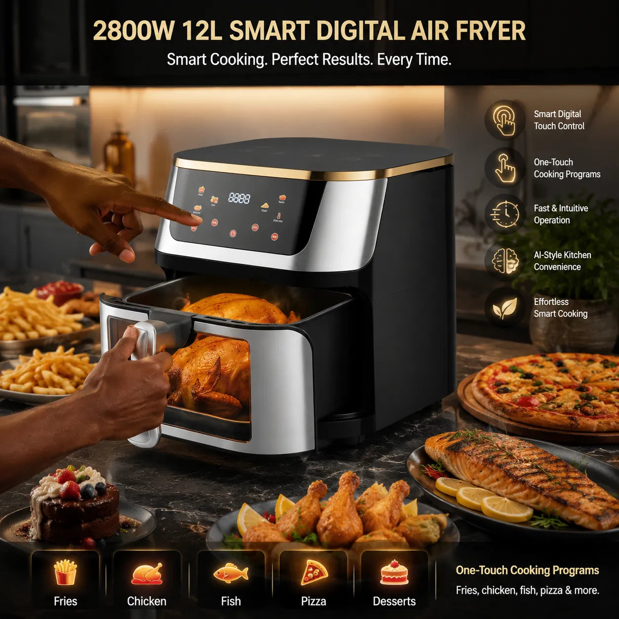 12L Large Capacity Air Fryer with 2800W Power – Smart Digital Touch Display & See-Through Design for Perfect Cooking Every Time 🍟✨