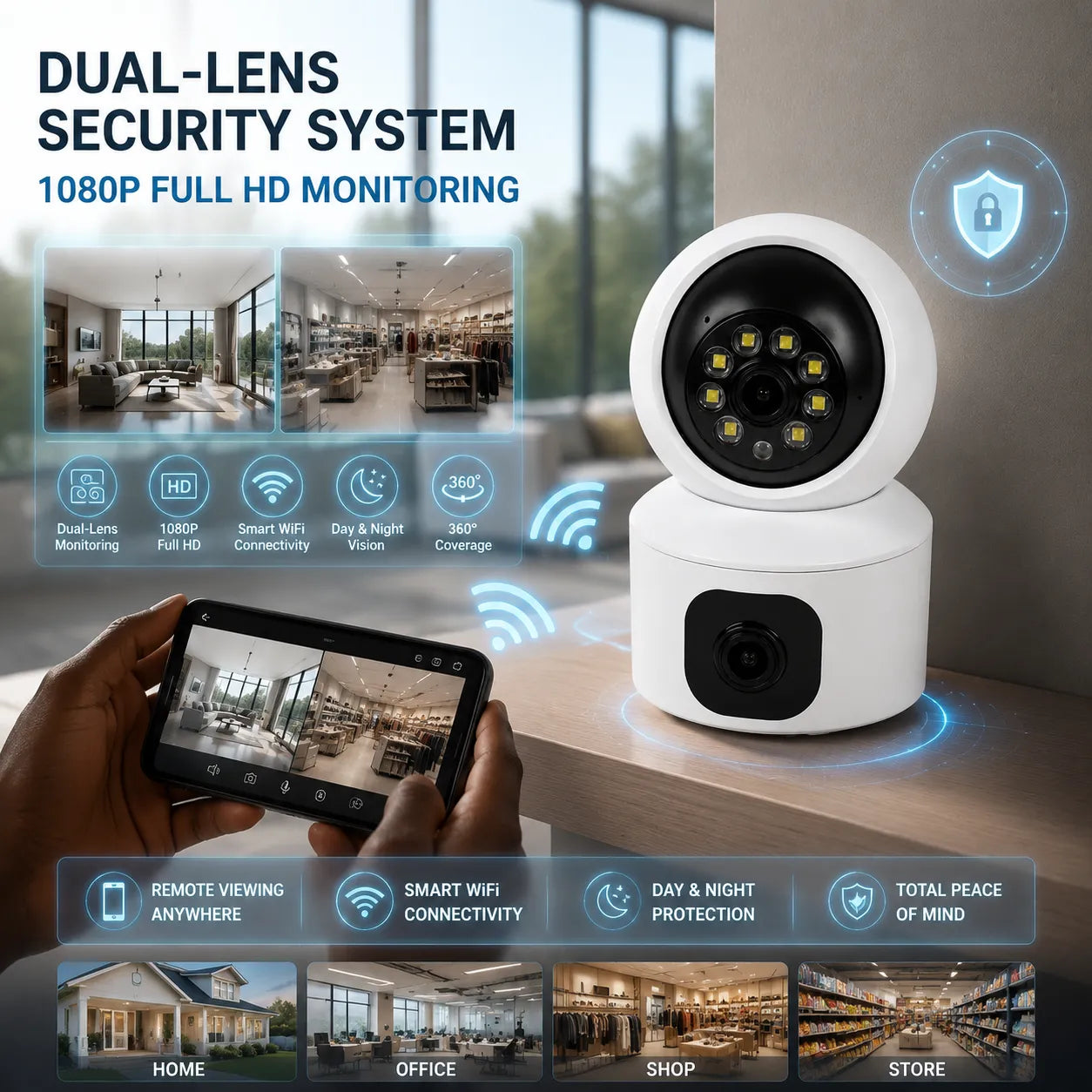 🔒 SMART WIFI DUAL-LENS SECURITY CAMERA – 1080P FULL HD, NIGHT VISION & MOTION TRACKING