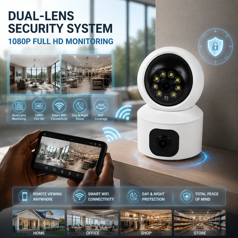 🔒 SMART WIFI DUAL-LENS SECURITY CAMERA – 1080P FULL HD, NIGHT VISION & MOTION TRACKING