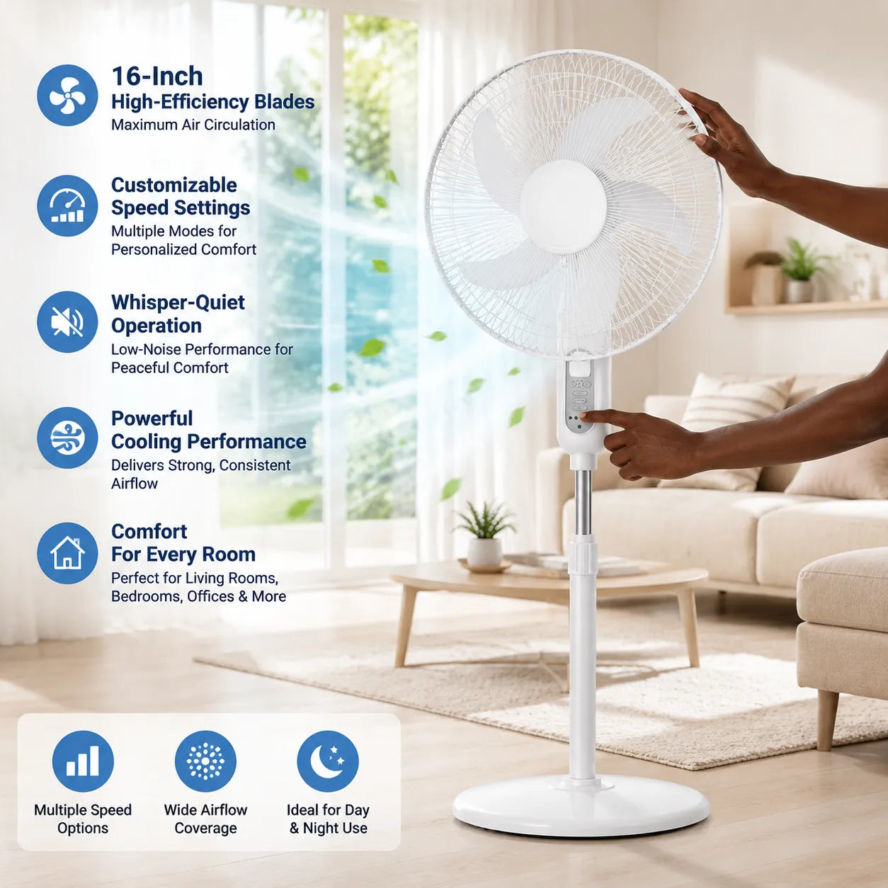 Smart 16-Inch Rechargeable Standing Fan: Efficient Cooling Anytime, Anywhere