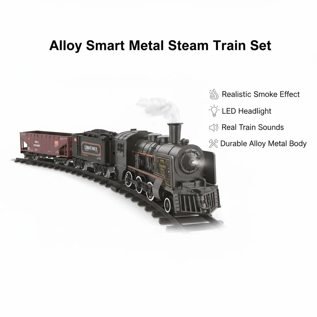 Alloy Smart Metal Steam Train Set for Kids – Real Smoke, LED Headlight, Sound Effects & Track Railway Toy 🚂