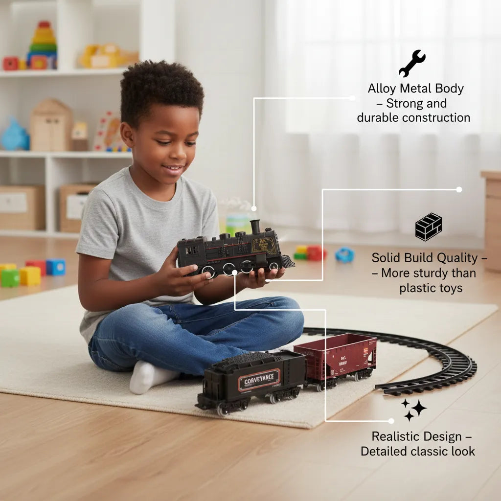 Alloy Smart Metal Steam Train Set for Kids – Real Smoke, LED Headlight, Sound Effects & Track Railway Toy 🚂