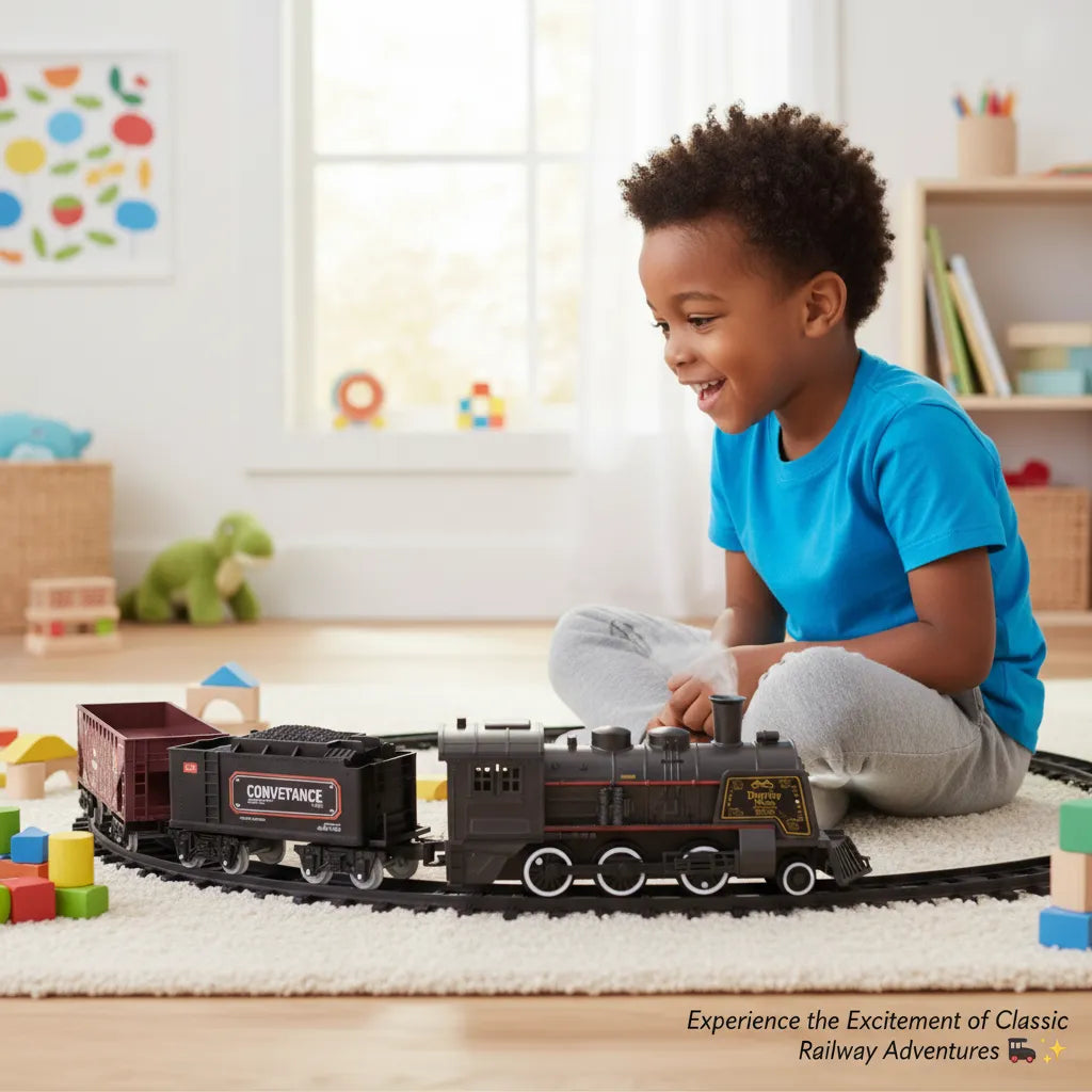 Alloy Smart Metal Steam Train Set for Kids – Real Smoke, LED Headlight, Sound Effects & Track Railway Toy 🚂