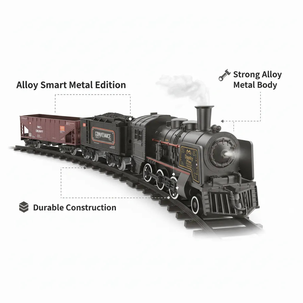 Alloy Smart Metal Steam Train Set for Kids – Real Smoke, LED Headlight, Sound Effects & Track Railway Toy 🚂