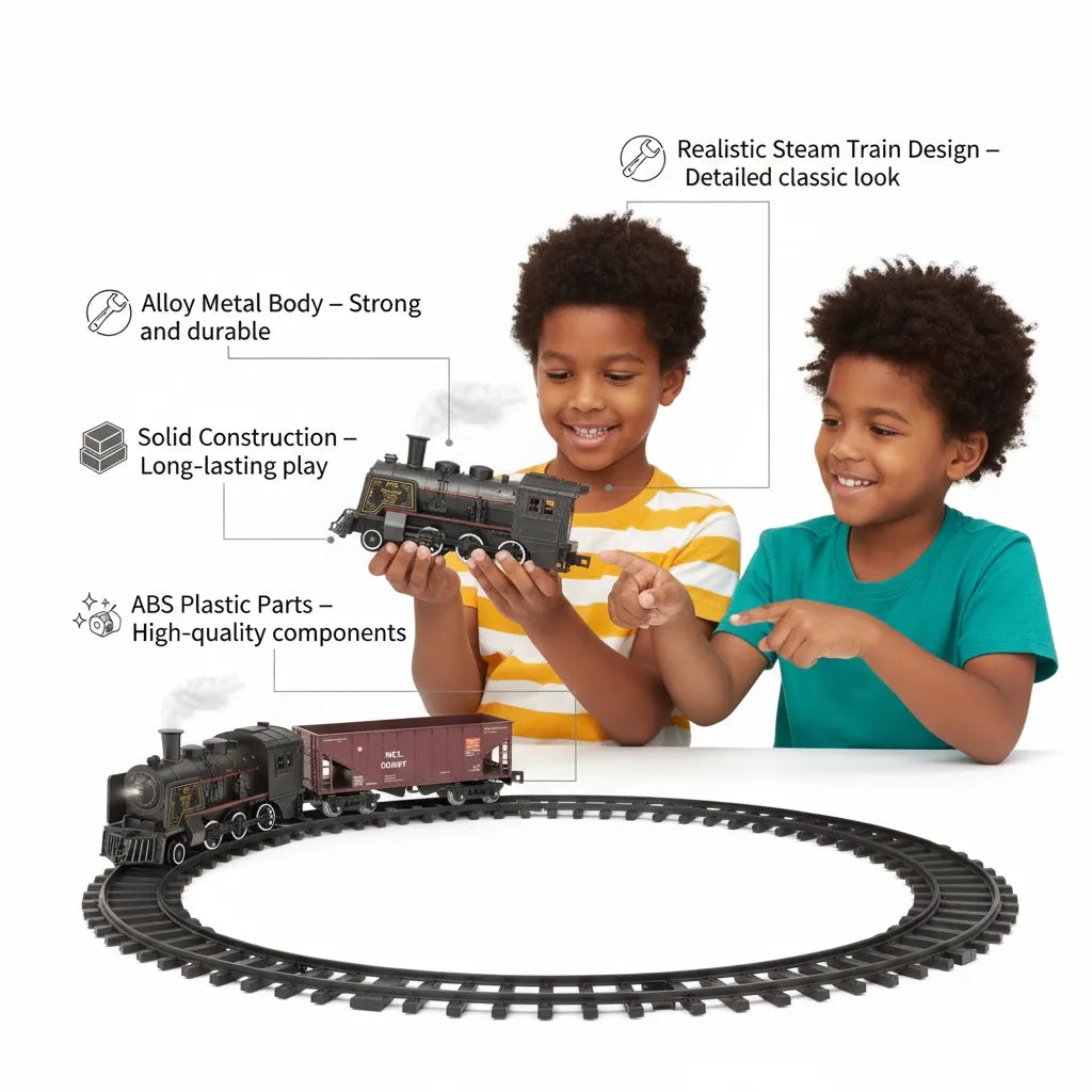 Alloy Smart Metal Steam Train Set for Kids – Real Smoke, LED Headlight, Sound Effects & Track Railway Toy 🚂