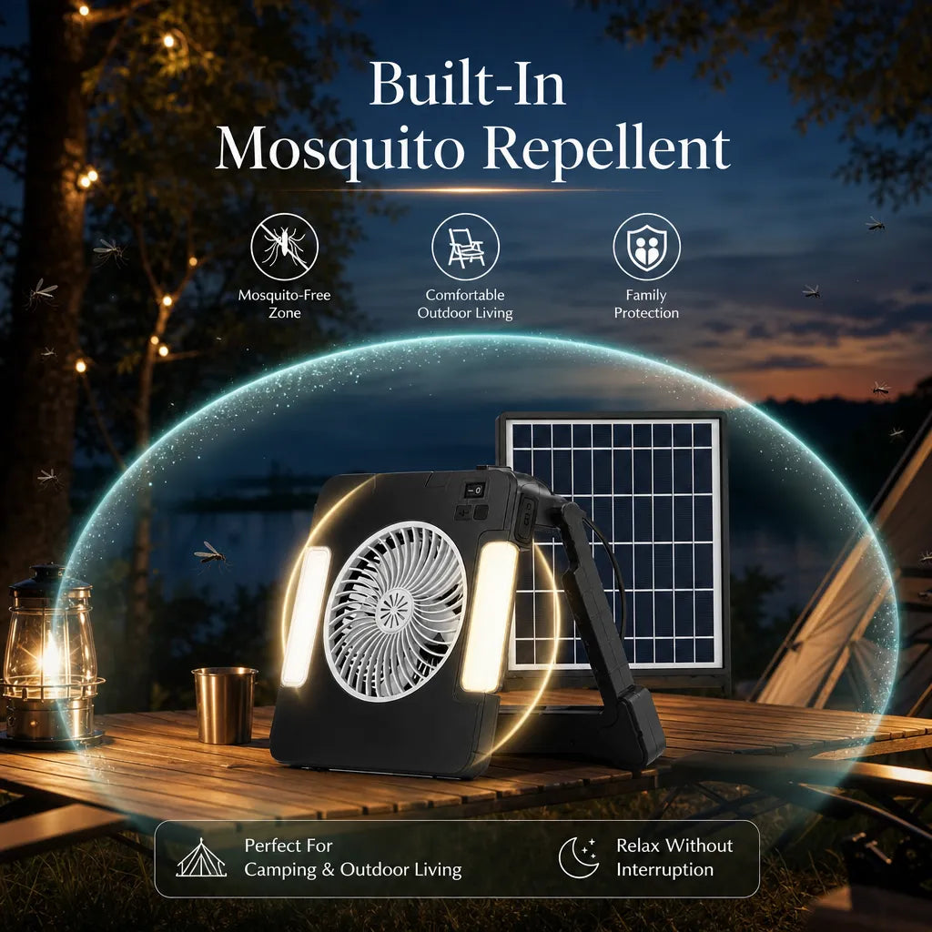 The Ultimate 3-in-1 Survival Tool: Solar Fan, LED Light, and Mosquito Repellent