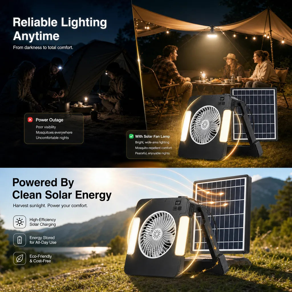 The Ultimate 3-in-1 Survival Tool: Solar Fan, LED Light, and Mosquito Repellent