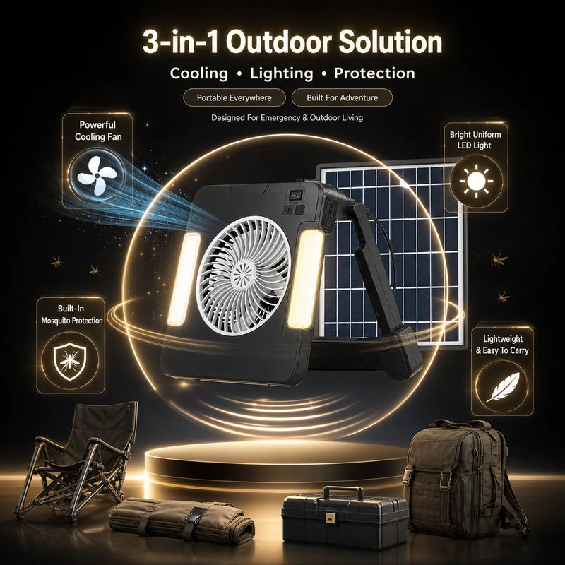 The Ultimate 3-in-1 Survival Tool: Solar Fan, LED Light, and Mosquito Repellent