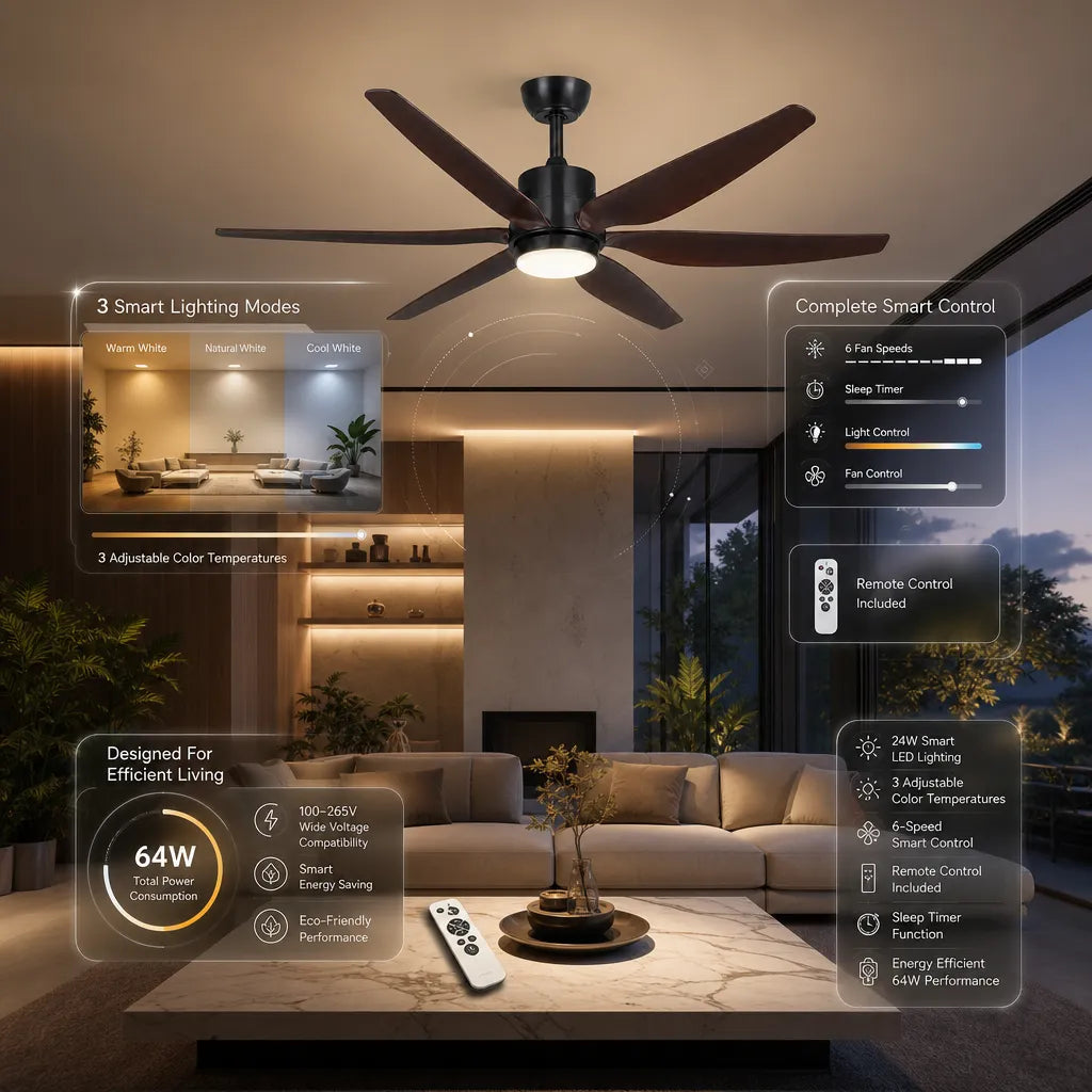 Suming 54" Smart 6-Blade Ceiling Fan | Dimmable LED & Quiet DC Motor