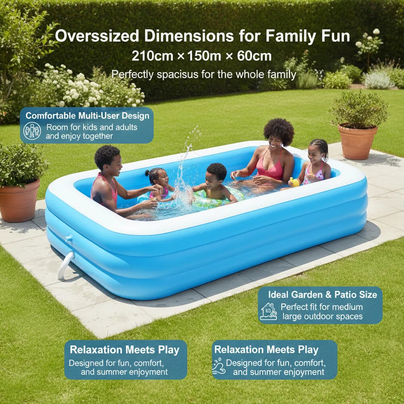 HELI 210cm Family Blow-Up Pool | Heavy-Duty Garden Paddling Pool
